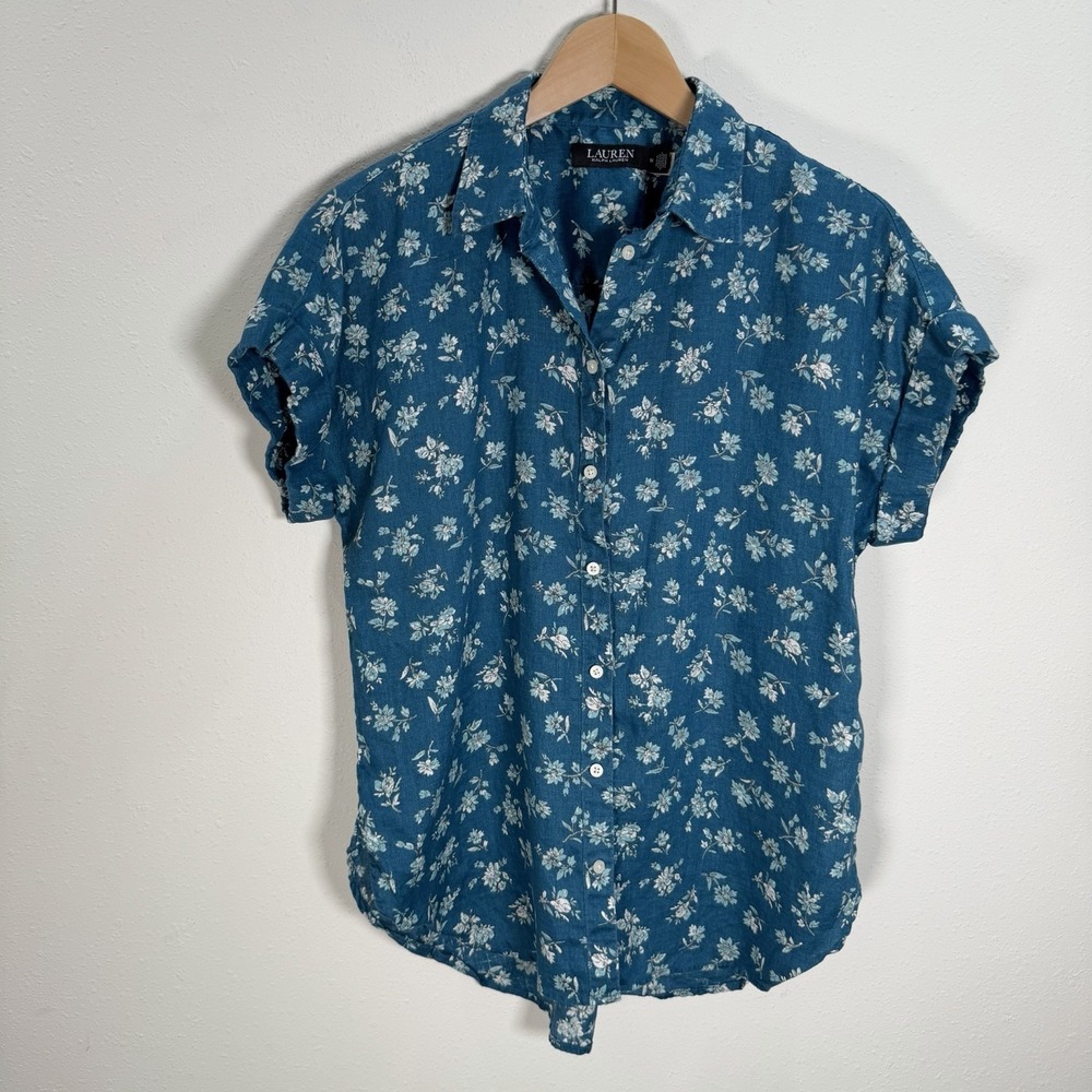 Ralph Lauren Shirt 100% Linen Womens Sz M Dark Teal Floral Short Sleeve Classic - Picture 2 of 7